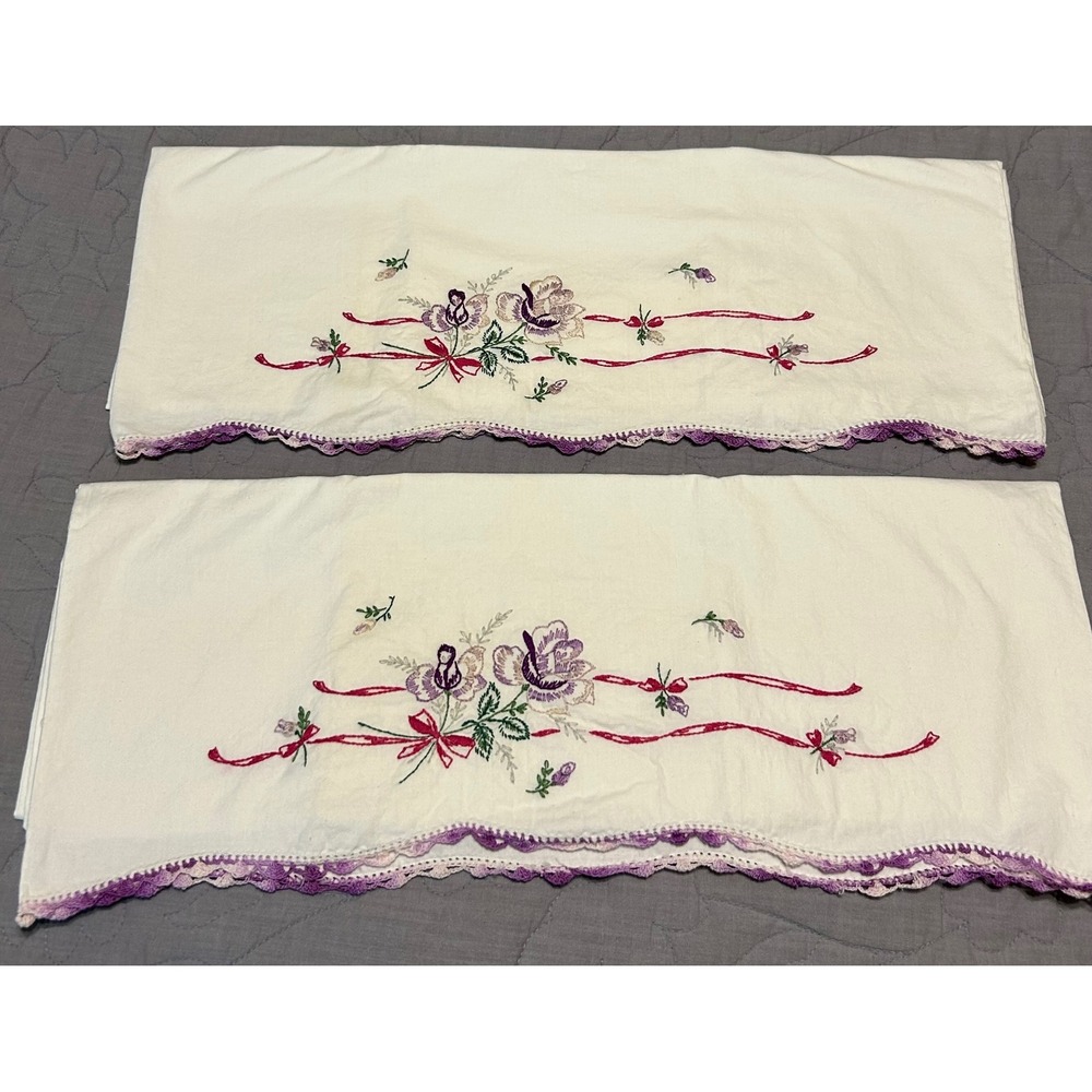 VTG Embroidered Pillowcases Pair Purple Floral Crochet Trim 20x29 Cottagecore